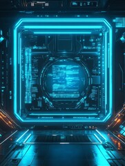 Aufkleber - Digital tech-themed frame with futuristic HUD interface elements, glowing blue neon borders, cyberpunk background with center for UI display