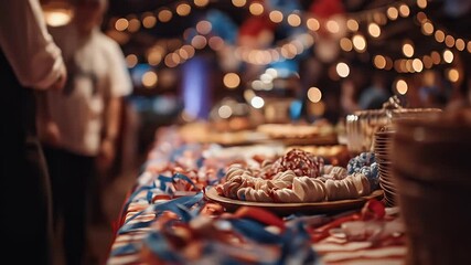 Festive food display table with desserts and decorations