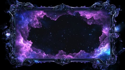 galaxy-themed frame with glowing nebula clouds and star fields around the edges, deep space tones of