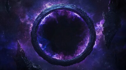 galaxy-themed frame with glowing nebula clouds and star fields around the edges, deep space tones of