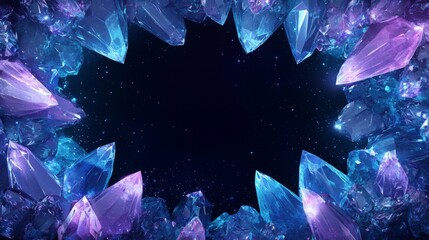 Aufkleber - Glowing crystal shard border with magical energy effects, fantasy theme, blue and violet color palette, black background, enchanted gemstone style, center space left clear