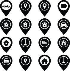 Poster - Collection of sixteen black and white location pin icons featuring houses cars and other symbols