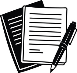 Poster - Simple black and white illustration of documents and pen ready for note taking or writing