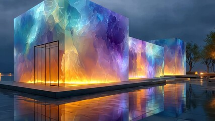 Poster - Futuristic cube installation at night between modern glass buildings, reflecting glowing lights on wet pavement