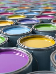 Leinwandbilder - Bright and Colorful Collection of Paint Buckets Arranged in a Clean Environment With Visible Top Labels for Easy Identification of Contents