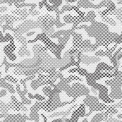 Poster - Abstract halftone seamless camouflage pattern. Repeating digital dotted hexagonal camo military texture background. Abstract modern fabric textile ornament. Vector illustration.