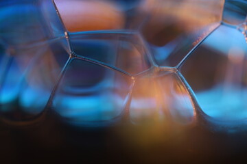 Poster - blue liquid cells, green Reflections of liquid in macro, bubbles surface in macro, connection of bubbles in macro, cell from liquid, dark background, glossy surface