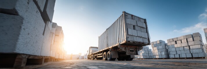 Leinwandbilder - Freight Truck Transporting Concrete Blocks Under a Clear Blue Sky in a Construction Yard