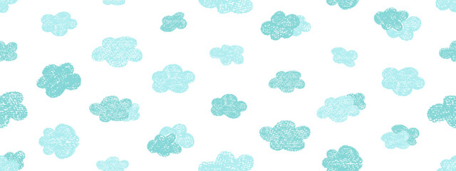 Poster - Crayon icons of weather, clouds in sky. Seamless pattern with doodle clouds in chalk texture. Cute summer weather background drawn with crayon pencils, kid vector illustration