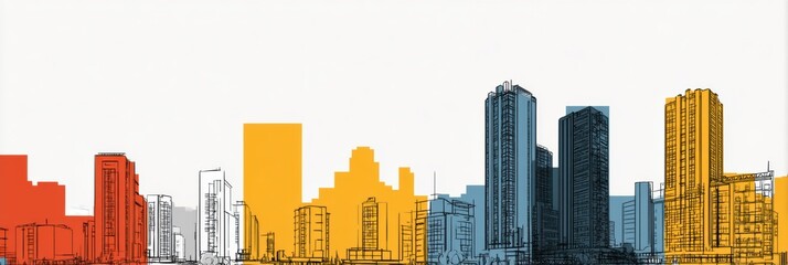 Fototapete - Colorful Development of an Urban City Outline Showcasing Architectural Designs and Planning Stages