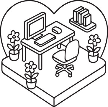 An intricately detailed black and white drawing featuring a desk complete with a computer placed on its surface