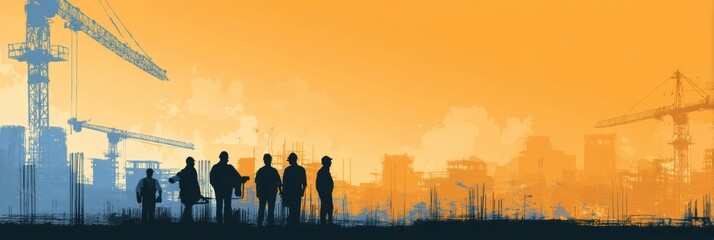 Poster - Workers Discuss Construction Plans in a Dynamic Urban Environment During Sunset With Cranes in the Background