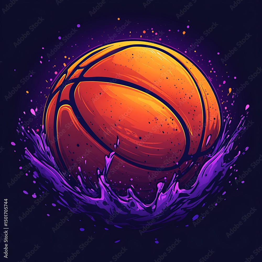 Artistic rendering of a basketball splashing with purple water high ...
