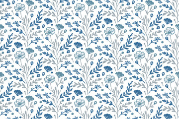  seamless floral textile with blue lines, cotton flower sketch pattern, repeat fabric print design, home and kitchen textile art

