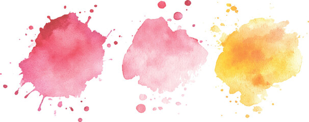 Poster - Colorful watercolor brush strokes vector. set of paint splatter illustration. Pink, orange, yellow, watercolor brush strokes isolated on white background.