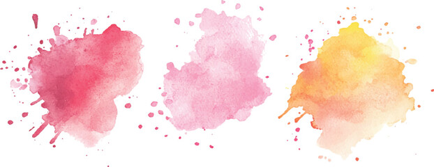 Poster - Colorful watercolor brush strokes vector. set of paint splatter illustration. Pink, orange, yellow, watercolor brush strokes isolated on white background.