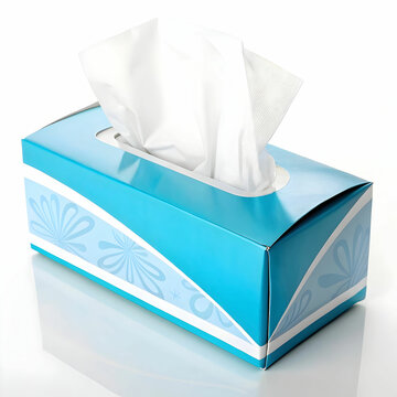 A tissue box is isolated on a white background, featuring a simple, clean design with an opening for easy tissue
