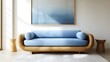 © SUTRININGSIH - Modern blue sofa with wooden frame, and sunlight.