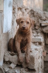 Poster - Portrait of a Brown Terrier Dog Sitting on Concrete Rubble in Urban Decay Looking at Camera Eye Level