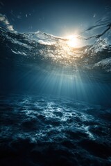 Poster - Underwater Sunlight Beams in Deep Blue Ocean Waters, Low Angle View of Sea Floor and Surface