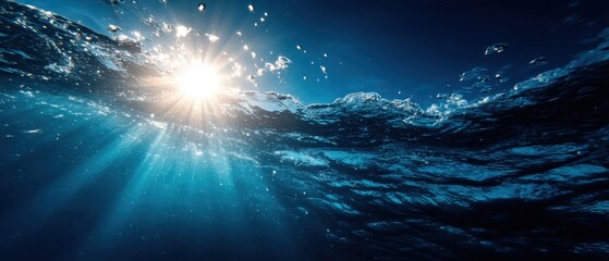 Poster - Sunlight Rays Streaming Through Ocean Water Surface Underwater View Abstract Nature Background Deep Blue Sea