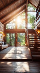 Poster - Scenic sunlit cabin interior forest retreat photography cozy atmosphere wide angle rustic charm