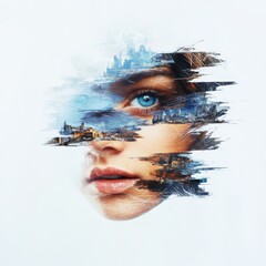 Poster - Captivating artistic portrait of a woman's face blending cityscape urban environment contemporary art close-up perspective