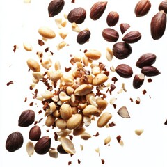 Poster - Assorted Nuts Exploding in Air on White Background Studio Shot Overhead View Almonds Peanuts Hazelnuts