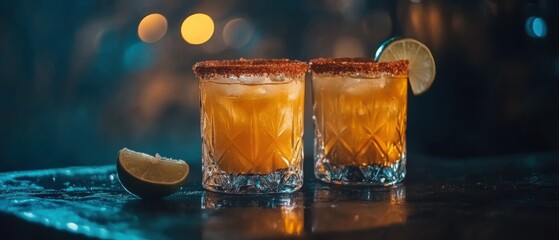 Poster - Two Spicy Margaritas on a Dark Bar Top with Lime Wedges and Bokeh Lights in the Background