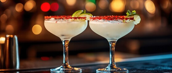 Poster - Two Spicy Margaritas on Bar Top Close Up Cocktail Hour Refreshing Drinks Lime Garnish Blurred Lights