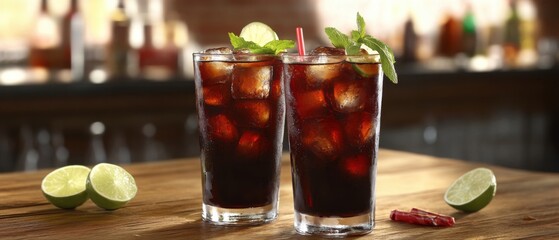Poster - Two Cuba Libre Cocktails with Lime and Mint on a Wooden Bar Surface Eye Level Shot Drink Photography