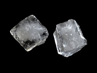 Poster - Two ice cubes sit on black background studio shot close up still life for beverage or cooling concept