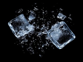 Poster - Two ice cubes shattering in mid air high contrast studio shot on black background for drinks or cooling concepts