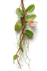 Poster - Vanilla Orchid Vine with Roots and Leaves on White Background Studio Shot Botanical Beauty Exotic Flower