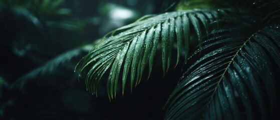 Poster - Wet Palm Fronds in Tropical Rainforest Close Up View Dark Moody Green Tones Nature Photography Exotic Flora Botanical Beauty
