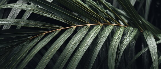 Poster - Moody Close-Up of Palm Frond with Water Droplets in Dark Tones Tropical Nature Photography