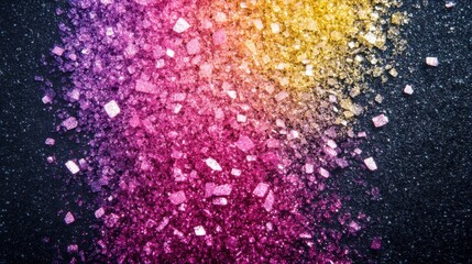 Poster - Colorful Crystal Powder Texture Abstract Background Close Up Shot with Gradient from Purple to Yellow and Black Sand
