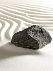 Poster - Zen garden with stone on white sand close up view for relaxation and meditation concept studio shot