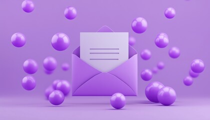 Poster - Purple Rendering Surrounds A Message Emerging From An Envelope Amidst Fluffy Balls, Creating A Whimsical And Enchanting Display.