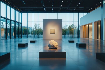 Poster - Art exhibition featuring minimalist sculpture modern gallery visual art contemporary space wide-angle view aesthetic experience