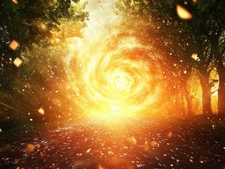 Poster - Forest path leads to a swirling vortex of golden light, low angle perspective, fantasy landscape, dreamy scene