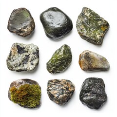 Poster - Assortment of River Rocks Displayed on White Background Overhead Shot Variety of Colors Textures and Shapes