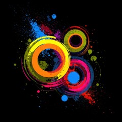 Fototapete - Abstract circles with splatter effect on black background, colorful design element, artistic composition, vibrant colors