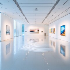 Poster - Art exhibition in modern gallery abstract paintings minimalist environment bright natural light