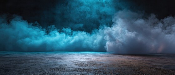 Poster - Moody Studio Shot of Blue Smoke on Concrete Floor and Textured Wall for Product Display or Background with Atmospheric Lighting