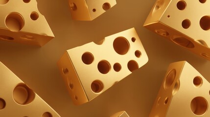 Poster - Golden Cheese Cubes Floating Abstractly Minimalist Style Food Concept Studio Shot Close Up Delicious Gourmet Dairy Product