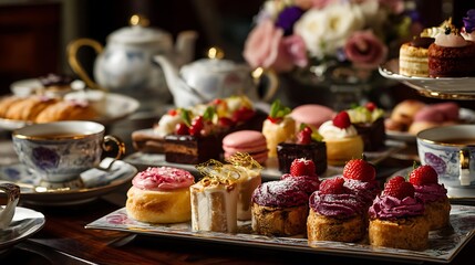 Poster - Traditional afternoon tea service in london including pastries, hors d, oeuvres, and tea