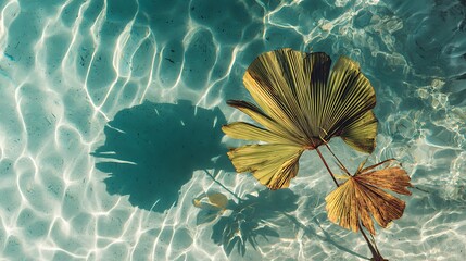 Aufkleber - Top view of tropical leaf shadow on water surface, shadow of palm leaves on white sand beach, beautiful abstract background concept banner for summer vacation at the beach