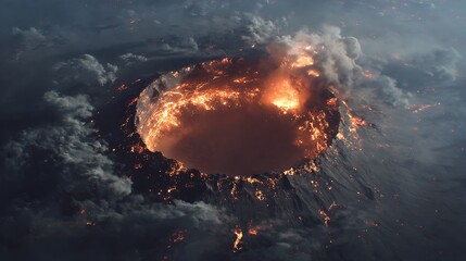 Aufkleber - The crater is erupting, smoke, lava, apocalyptic volcanic landscape with hot flowing lava and smoke and ash clouds