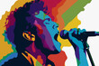 © fidaolga - Illustration: Colorful silhouette of a male singer, the singer sings into a microphone at a concert